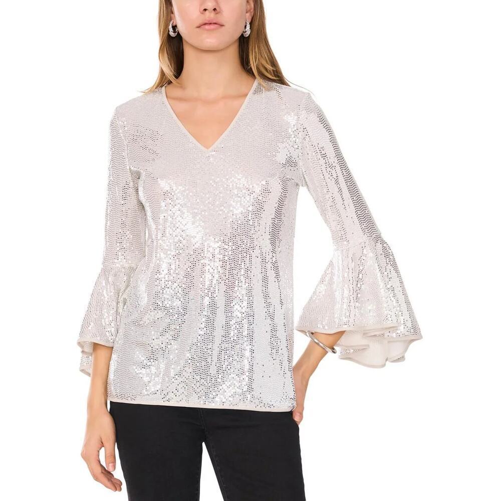 Vince Camuto Womens Sequined V-Neck Bell-Sleeve Nylon‎ Blouse Silver Size XL NWT